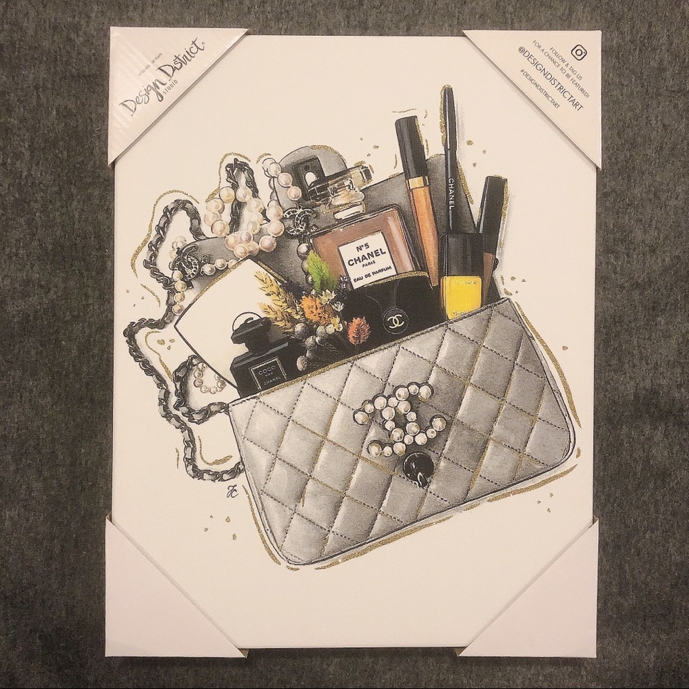 Designer Themed Canvas Wall Art - Grey Purse with Pearl & Cosmetics